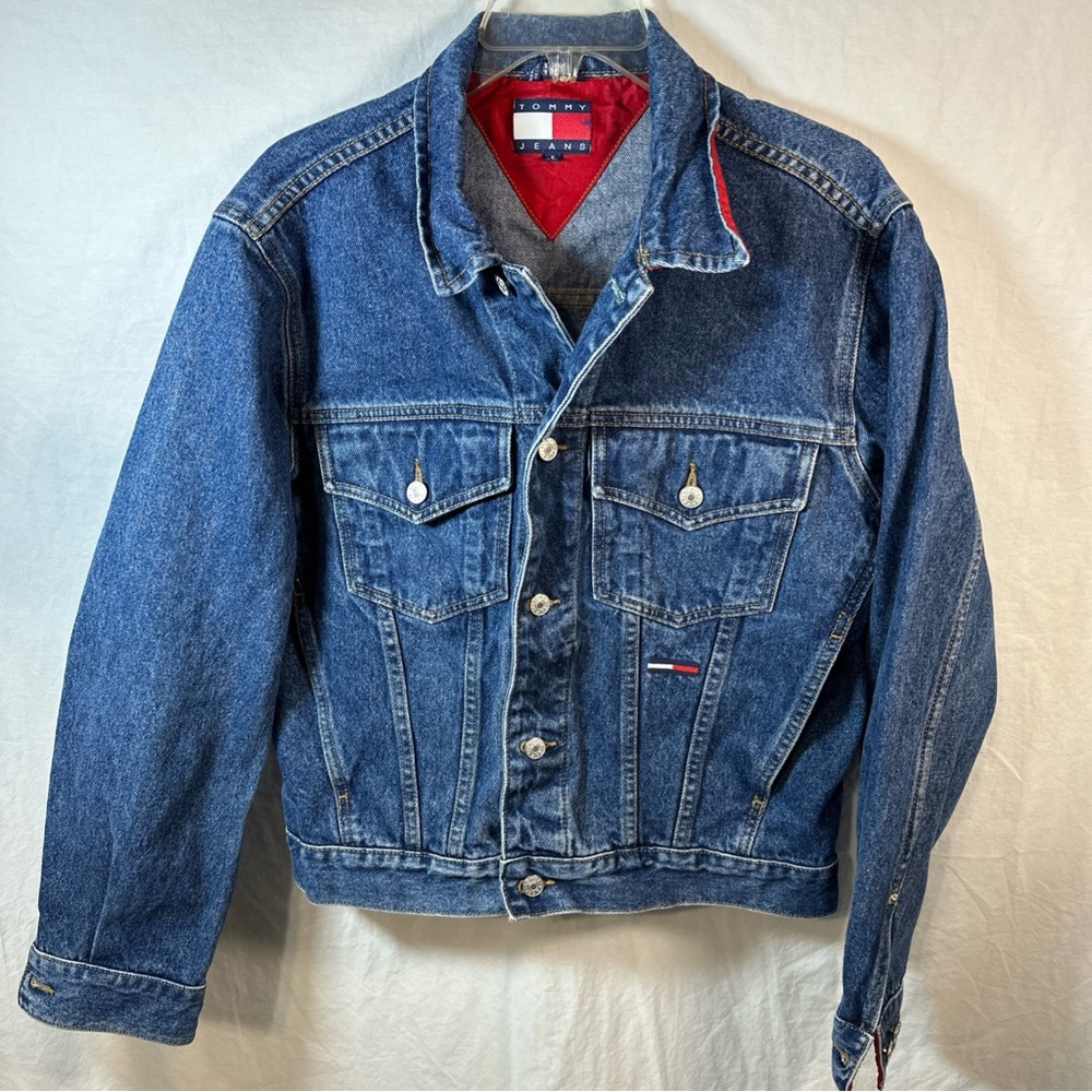 Vintage Y2K Tommy Hilfiger Denim Trucker Jacket Men’s S Blue Red Flag Logo
